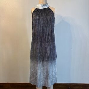 Samuel Dong Metallic Pleated High Neck Midi Dress Silver Ombré Sz Small